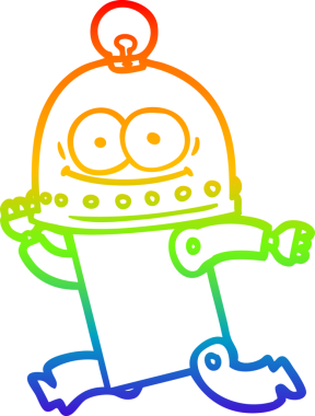 Gökkuşağı gradyan çizgisi mutlu bir karton robot çizimi ve bir insan tarafından çizilmiş ampul.