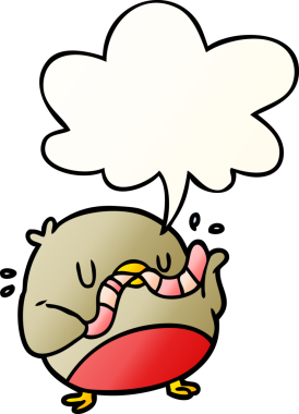 Bir insan tarafından çizilmiş yumuşak eğimli konuşma baloncuğu olan kuş yiyen çizgi film solucanı.