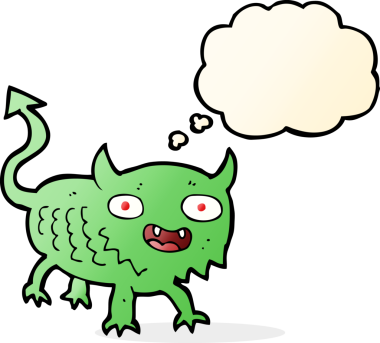 Bir insan tarafından çizilmiş düşünce baloncuğu olan küçük bir iblis.