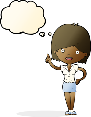 Bir insan tarafından çizilmiş düşünce baloncuğu fikri olan karikatür kadın.