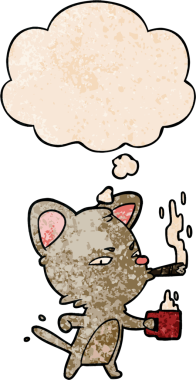 Bir insan tarafından çizilmiş grunge desenli sigara ve kahveyle çizilmiş bir çizgi film kedisi.