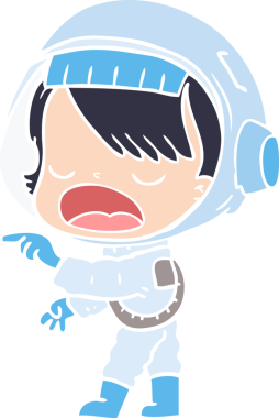 Düz renkli çizgi film astronot kadın bir insan tarafından çizilmiş ve çizilmiş.