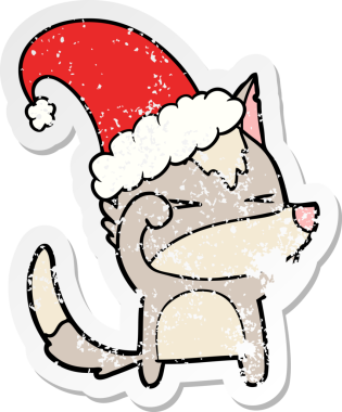 Sıkıntılı bir kurt çizgi filminin çıkartması. Bir insan tarafından çizilmiş Xmas şapkası.