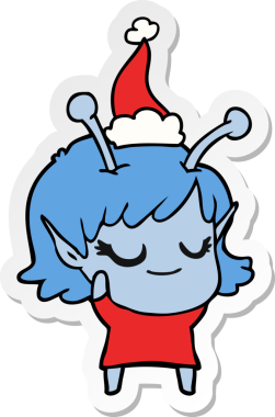 Gülümseyen uzaylı kız el çizimi. Bir insan tarafından çizilmiş Noel Baba şapkası.
