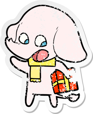 Bir insan tarafından çizilmiş Noel hediyeli şirin bir filin sıkıntılı çıkartması.