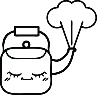 Bir insan tarafından çizilen dumanı tüten bir çaydanlığın çizgi çizimi