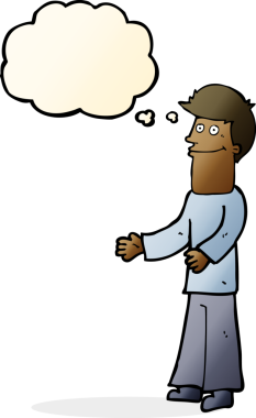 Bir insan tarafından çizilmiş düşünce baloncuğuyla omuzlarını silkeleyen çizgi film adamı.
