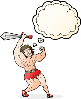 Bir insan tarafından çizilmiş düşünce balonlu barbar kahraman.