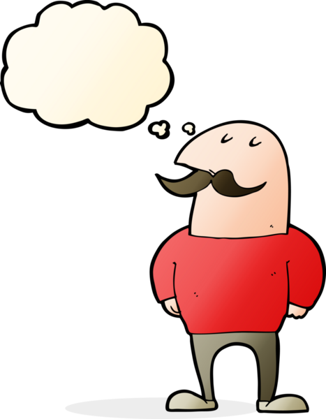 Düşünce baloncuğu çizilmiş bıyıklı kel bir adam.