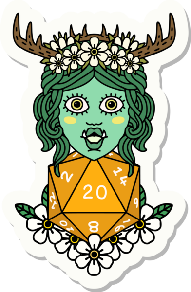 Bir insan tarafından çizilmiş 20 zarlı yarı ork Druid çıkartması.