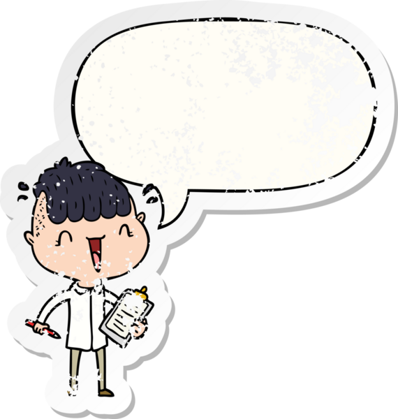 Çizgi filmdeki mutlu çocuk, konuşma baloncuğuna şaşırdı. Bir insan tarafından çizilmiş sıkıntılı eski bir çıkartma.