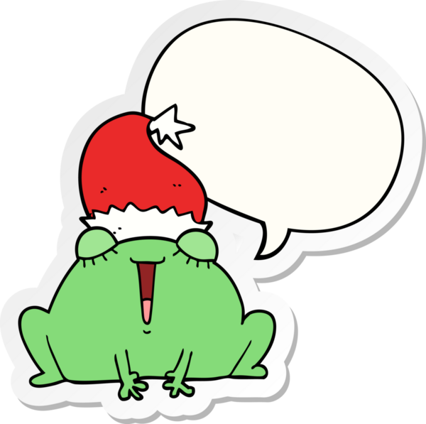 Bir insan tarafından çizilmiş konuşma kabarcığı çıkartmalı şirin bir noel kurbağası.