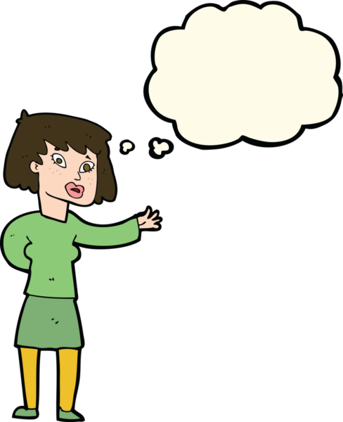 Bir insan tarafından çizilen düşünce baloncuğuyla açıklayan çizgi film kadını.