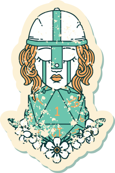 Ağlayan bir insan dövüşçüsünün grunge çıkartması. Bir insan tarafından çizilmiş doğal bir D20 ruloyla.