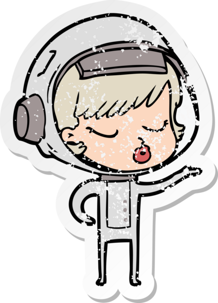 Bir karikatür çıkartması. Bir insan tarafından çizilmiş güzel astronot kız.