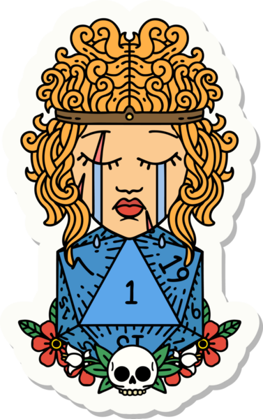 Bir insan tarafından çizilmiş doğal bir d20 rulo ile ağlayan bir insan barbarının çıkartması.