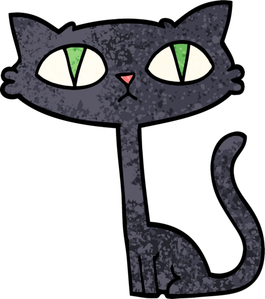 Grunge desenli karikatür cadılar bayramı kara kedisi bir insan tarafından çizilmiş.