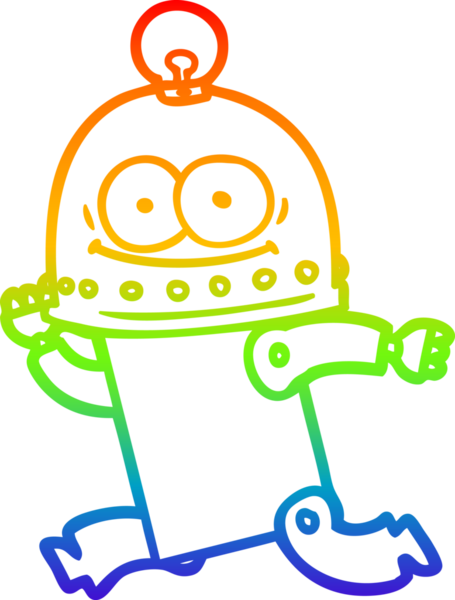 Gökkuşağı gradyan çizgisi mutlu bir karton robot çizimi ve bir insan tarafından çizilmiş ampul.
