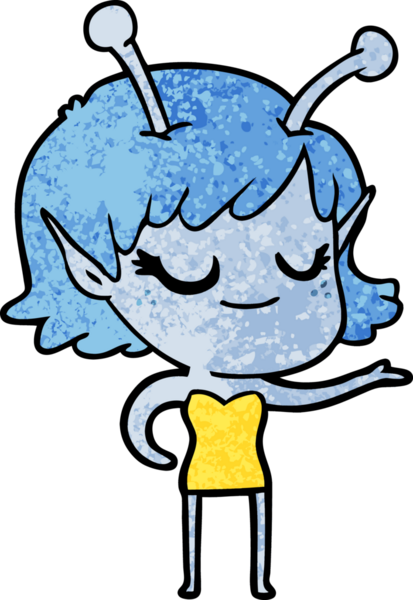 Bir insan tarafından çizilmiş gülümseyen uzaylı kız çizgi filmi.