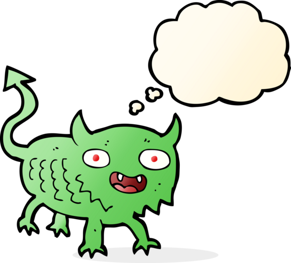 Bir insan tarafından çizilmiş düşünce baloncuğu olan küçük bir iblis.