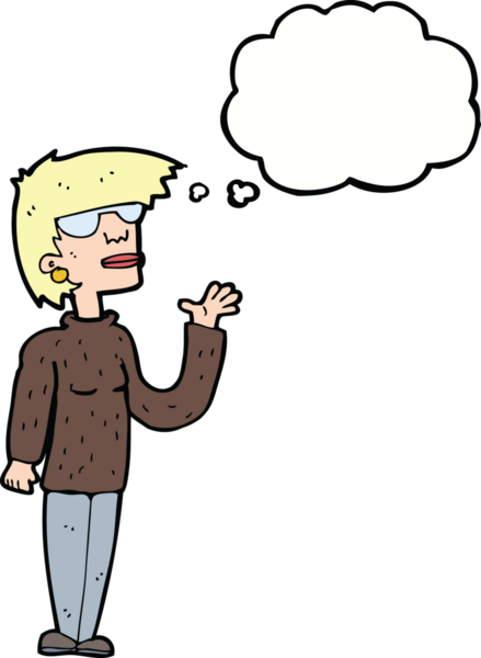 Bir insan tarafından çizilmiş düşünce balonlu gözlük takan çizgi film kadını.