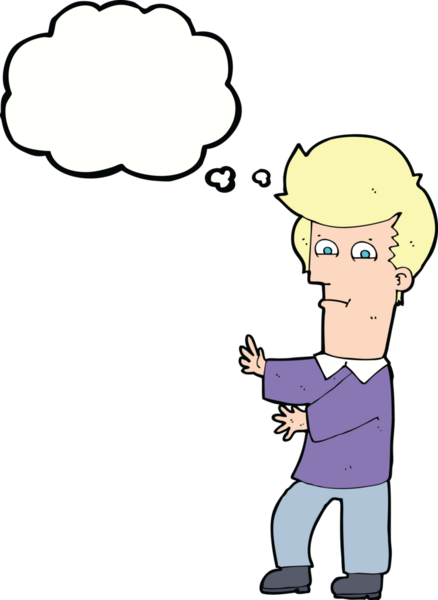 Bir insan tarafından çizilmiş düşünce baloncuğuyla el kol hareketi yapan bir çizgi film adamı.