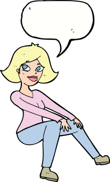 Bir insan tarafından çizilmiş bir konuşma balonuyla oturan mutlu kadın çizgi filmi.