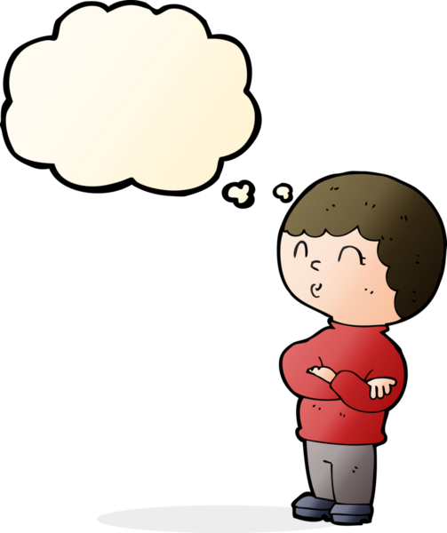 Bir insan tarafından çizilmiş düşünce balonuyla kollarını kavuşturmuş çizgi film çocuğu.