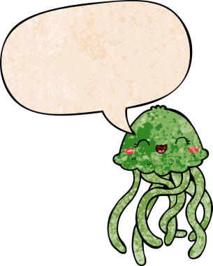 Bir insan tarafından çizilmiş geçmişe dönük konuşma baloncuğu olan sevimli çizgi film denizanası.