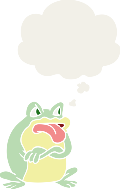 Huysuz karikatür kurbağası. Düşünce baloncuğu insan tarafından çizilmiş.