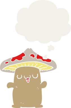 Düşünce baloncuğu olan, insan tarafından çizilmiş mantar mantarlı bir yaratık.