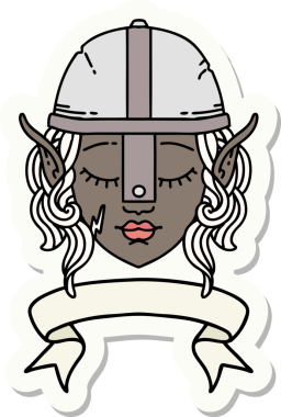 Bir elf savaşçısı karakterinin çıkartması, insan tarafından çizilmiş bir pankartıyla.