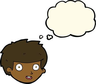 Bir insan tarafından çizilmiş düşünce balonlu mutlu çocuk yüzü.