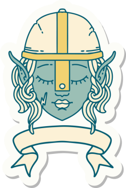 Bir elf savaşçısı karakterinin çıkartması, insan tarafından çizilmiş bir pankartıyla.