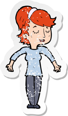 Bir insan tarafından çizilmiş omuz silken, karikatür dostu bir kadının gerilmiş çıkartması.