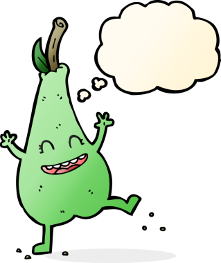 Bir insan tarafından çizilmiş düşünce baloncuğuyla dans eden mutlu bir armut.