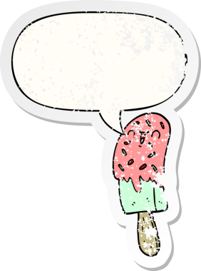 Karikatür buz lolipopu, konuşma baloncuğu bir insan tarafından çizilmiş sıkıntılı eski bir çıkartma.