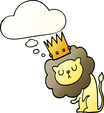 Düşünce baloncuğu ile taçlı çizgi film aslanı bir insan tarafından çizilmiş.