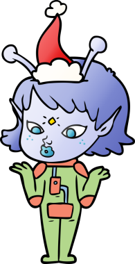 Bir insan tarafından çizilmiş Noel Baba şapkası giyen bir uzaylı kızın çizilmiş güzel el çizimi karikatürü.