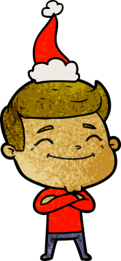 Bir insan tarafından çizilmiş Noel Baba şapkası giyen bir adamın çizilmiş mutlu el çizimi karikatürü.