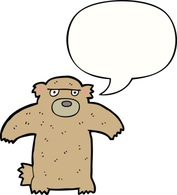 Bir insan tarafından çizilmiş konuşma balonlu çizgi film ayısı.