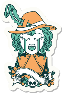 Ağlayan bir ork ozan karakterinin çıkartması. Bir insan tarafından çizilmiş doğal bir D20 rulosu.