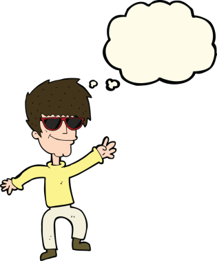 Bir insan tarafından çizilmiş düşünce balonlu havalı adamı sallayan karikatür.