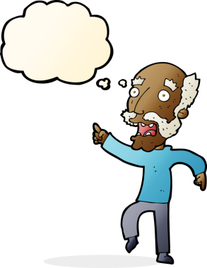 Çizgi film, bir insan tarafından çizilmiş düşünce balonuyla korkmuş yaşlı bir adam.