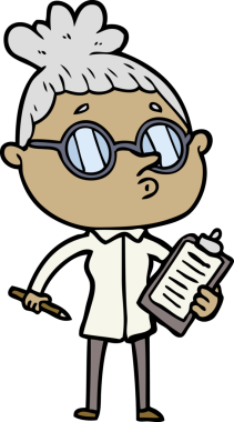 Bir insan tarafından çizilmiş gözlüklü bir karikatür kadın.