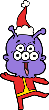 Bir insan tarafından çizilmiş Noel Baba şapkasıyla dans eden bir uzaylının mutlu el çizimi.