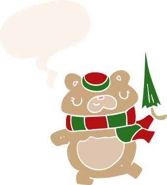 Şemsiyeli çizgi film ayısı. Konuşma baloncuğu eski moda bir insan tarafından çizilmiş.