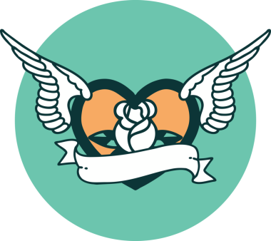 Bir insan tarafından çizilmiş çiçek ve bayrak ile uçan bir kalbin ikonik dövme görüntüsü