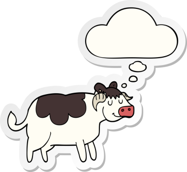 Düşünce baloncuklu çizgi film ineği insan tarafından çizilmiş bir çıkartma.