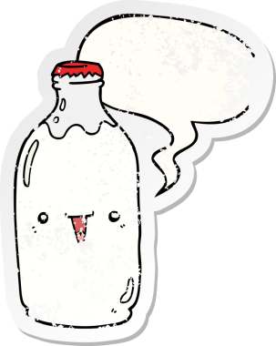 Tatlı çizgi film süt şişesi konuşma baloncuğu bir insan tarafından çizilmiş sıkıntılı eski bir çıkartma